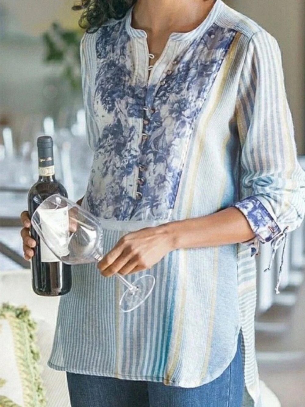 Soft Surroundings Patchwork Floral Striped Linen Cottagecore Henley Tunic Size S